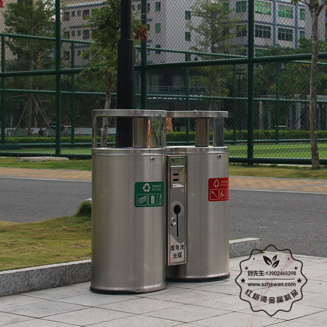 圓柱形戶外雙分類不銹鋼垃圾桶圖片002