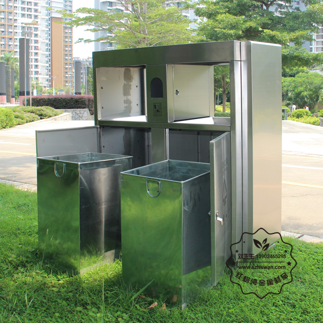 圓柱形戶外雙分類不銹鋼垃圾桶圖片003